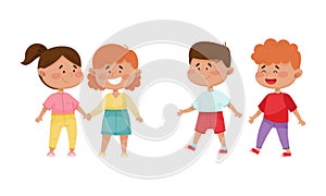 Friendly Little Kids Holding Hands and Walking Vector Set