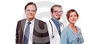 Friendly Male and Female Doctors with Businessman on White