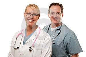 Friendly Male and Female Doctors on White