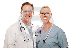 Friendly Male and Female Doctors on White