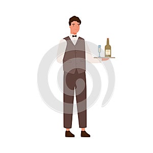 Friendly male waiter holding tray with bocal and bottle of champagne vector flat illustration. Smiling restaurant staff photo