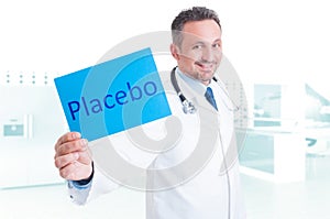 Friendly medic holding paper with placebo text