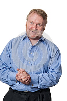 Friendly middle aged bearded guy in blue shirt - on white