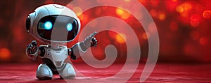 friendly mini cute robot support points with hand to copy space on red background