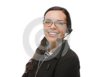 Friendly Mixed Race Receptionist Wearing Phone Head Set