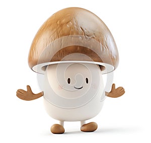 Friendly mushroom character with a waving gesture and a happy face