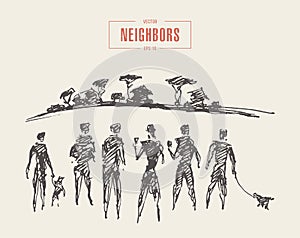 Friendly neighbors walking park draw vector sketch