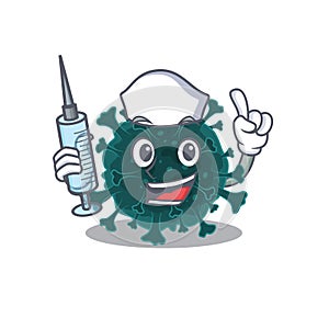 Friendly nurse of coronavirus COVID 19 mascot design holding syringe