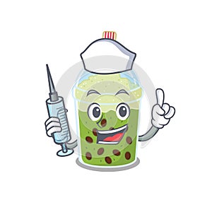 Friendly nurse of matcha bubble tea mascot design holding syringe