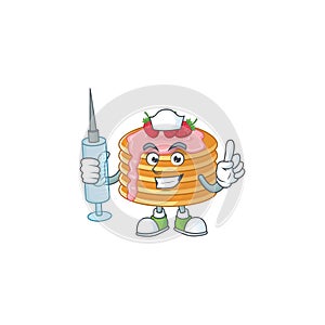 Friendly Nurse strawberry cream pancake mascot design style using syringe