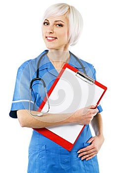 Friendly nurse on white background