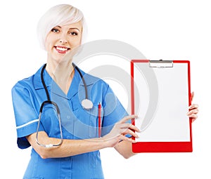 Friendly nurse on white background