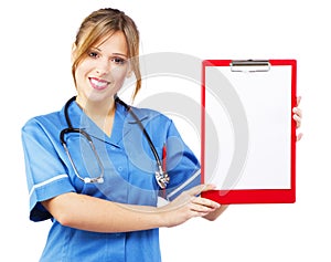 Friendly nurse on white background