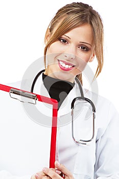 Friendly nurse on white background