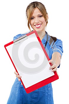 Friendly nurse on white background