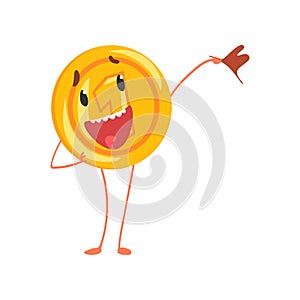 Friendly one cent character standing with flag in hand. Shiny coin icon. Cartoon penny in flat style. Isolated vector