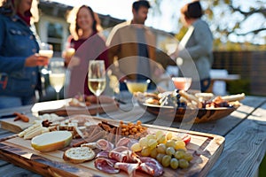 Friendly outdoor gathering with a festive charcuterie board