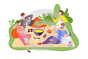 Friendly outdoor picnic. Happy people eat food and drink wine nature, group friends relaxing outdoors, recreation in