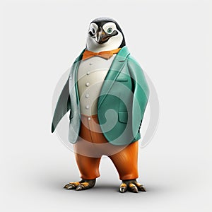 Friendly Penguin Character In Stylish Green Turquoise Suit