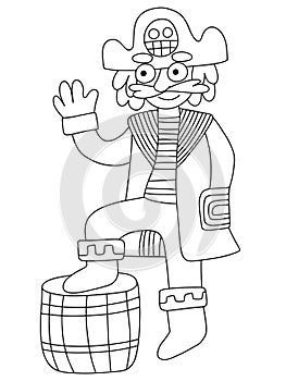 Friendly pirate captain vector coloring page for kids. Funny cartoon adult pirate with tricorn skull hat, long jacket and barrel.