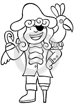 Friendly Pirate with Parrot - black and white
