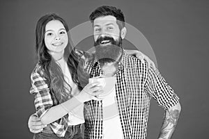 Friendly relations. Father hipster and his daughter. Gift surprise. Happy fathers day. Man bearded father and cute