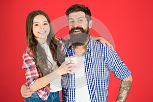 Friendly relations. Father hipster and his daughter. Gift surprise. Happy fathers day. Man bearded father and cute