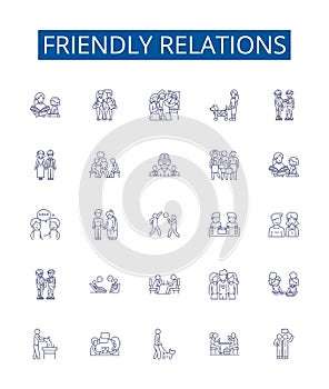 Friendly relations line icons signs set. Design collection of Amicable, Cordial, Chummy, Affable, Convivial, Favorable