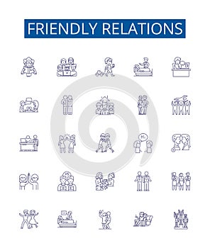 Friendly relations line icons signs set. Design collection of Amicable, Cordial, Chummy, Affable, Convivial, Favorable