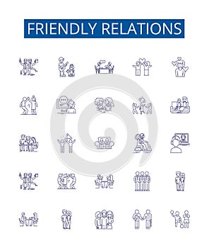 Friendly relations line icons signs set. Design collection of Amicable, Cordial, Chummy, Affable, Convivial, Favorable