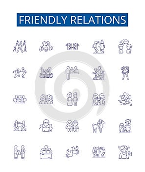 Friendly relations line icons signs set. Design collection of Amicable, Cordial, Chummy, Affable, Convivial, Favorable