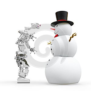 Friendly robot is building a snow man in white background
