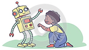 Friendly Robot and Child Interact, Symbolizing Future Connections, vector design Generative AI
