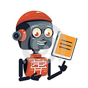 Friendly robot with a clipboard giving a presentation. Cute robotic teacher with document vector illustration