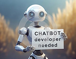 Friendly robot holding a banner seeking a chatbot developer in a conceptual job recruitment setting