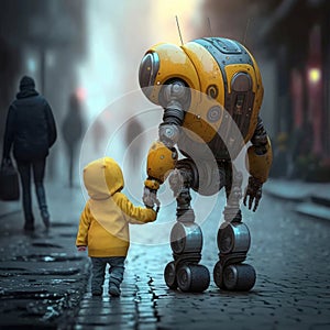 A friendly robot-nanny walks with a baby by the hand down a city street on a rainy day. Generated by artificial intelligence.