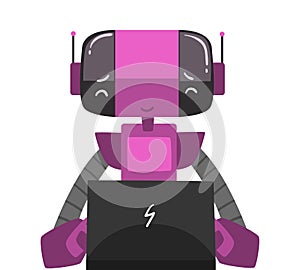 Friendly Robot Sitting in front of Computer, Cute Android Working with Laptop, Artificial Intelligence Concept Vector