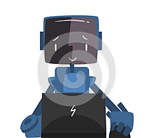 Friendly Robot Sitting in front of Computer, Cute Android Working with Laptop Vector Illustration on White Background