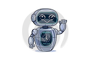 A Friendly Robot Waving Hello, Displaying a Clock and Pixelated Heart photo