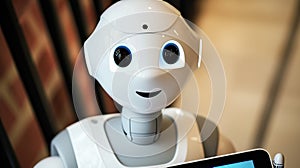 Friendly robot welcoming visitors in a modern setting