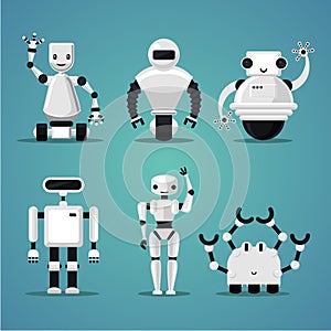 Friendly robots collection. Futuristic design. Electronic toys set.