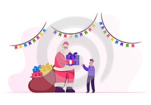 Friendly Santa Claus in Red Costume with Big Sack of Presents Visiting Little Boy at Christmas Night for Giving Gift