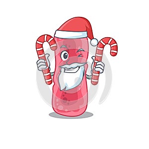 Friendly shigella sonnei in Santa Cartoon character holds Christmas candies