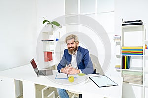 Friendly and smiling boss. Portrait of young man sitting at his desk in the office.