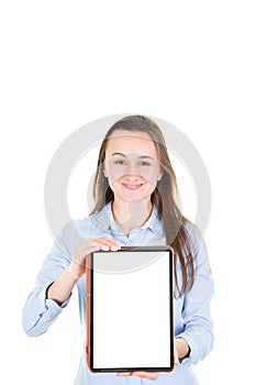 Friendly smiling businesswoman showing blank tablet screen with white up copy space