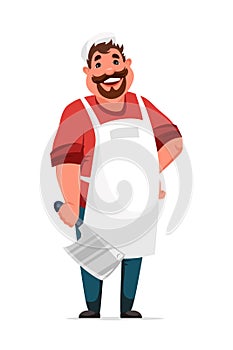 Friendly smiling butcher man standing on white