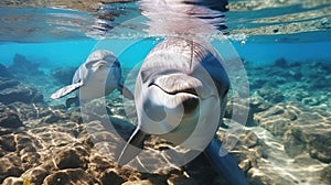 Friendly smiling dolphins swim under water, faces of wild sea animals, ocean underwater life. Theme of wildlife, travel, dive