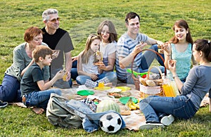 Friendly and smiling family with kids talking at picnic