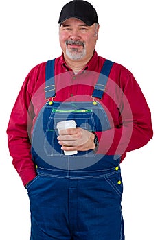 Friendly smiling farm worker holding coffee