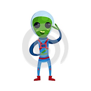 Friendly smiling green alien with big eyes wearing blue space suit waving his hand, alien positive character cartoon